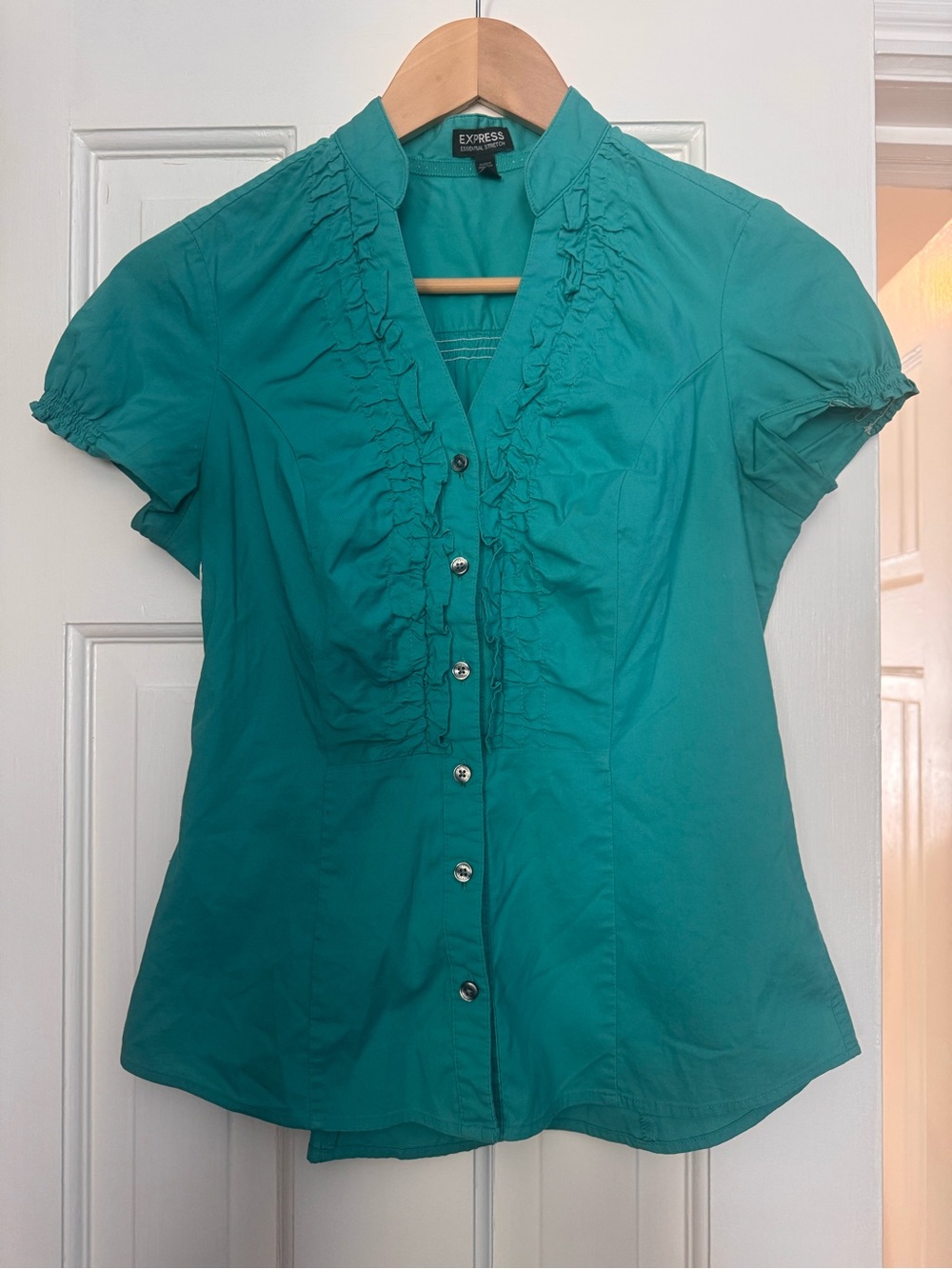 Express Teal Ruffle-Front Short Sleeve Button-Down Blouse